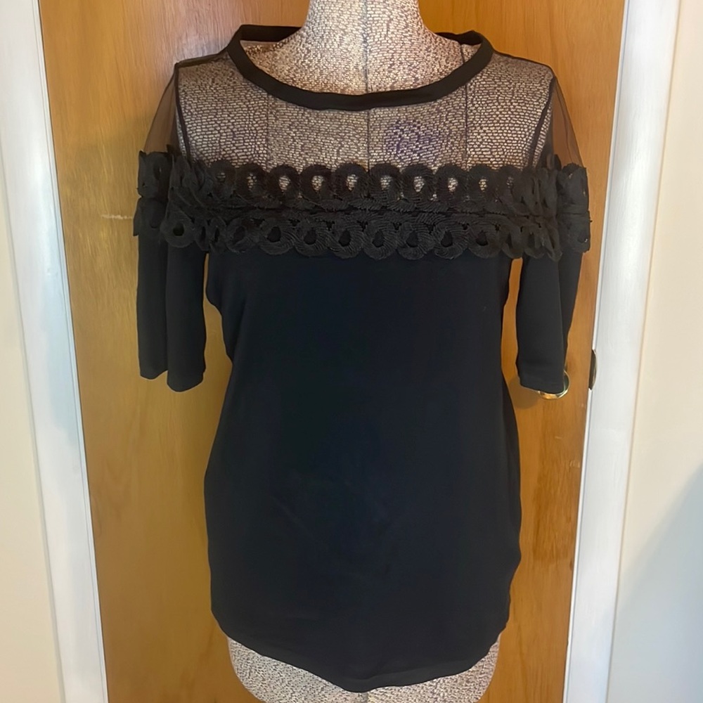 BYDesign Womens Large Black Short Sleeve Blouse Sheer Decorative Band